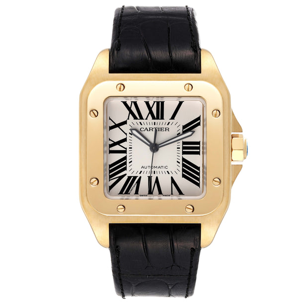 Cartier Santos 100 XL 38mm 18k Yellow Gold Black Strap Mens Watch W20071Y1