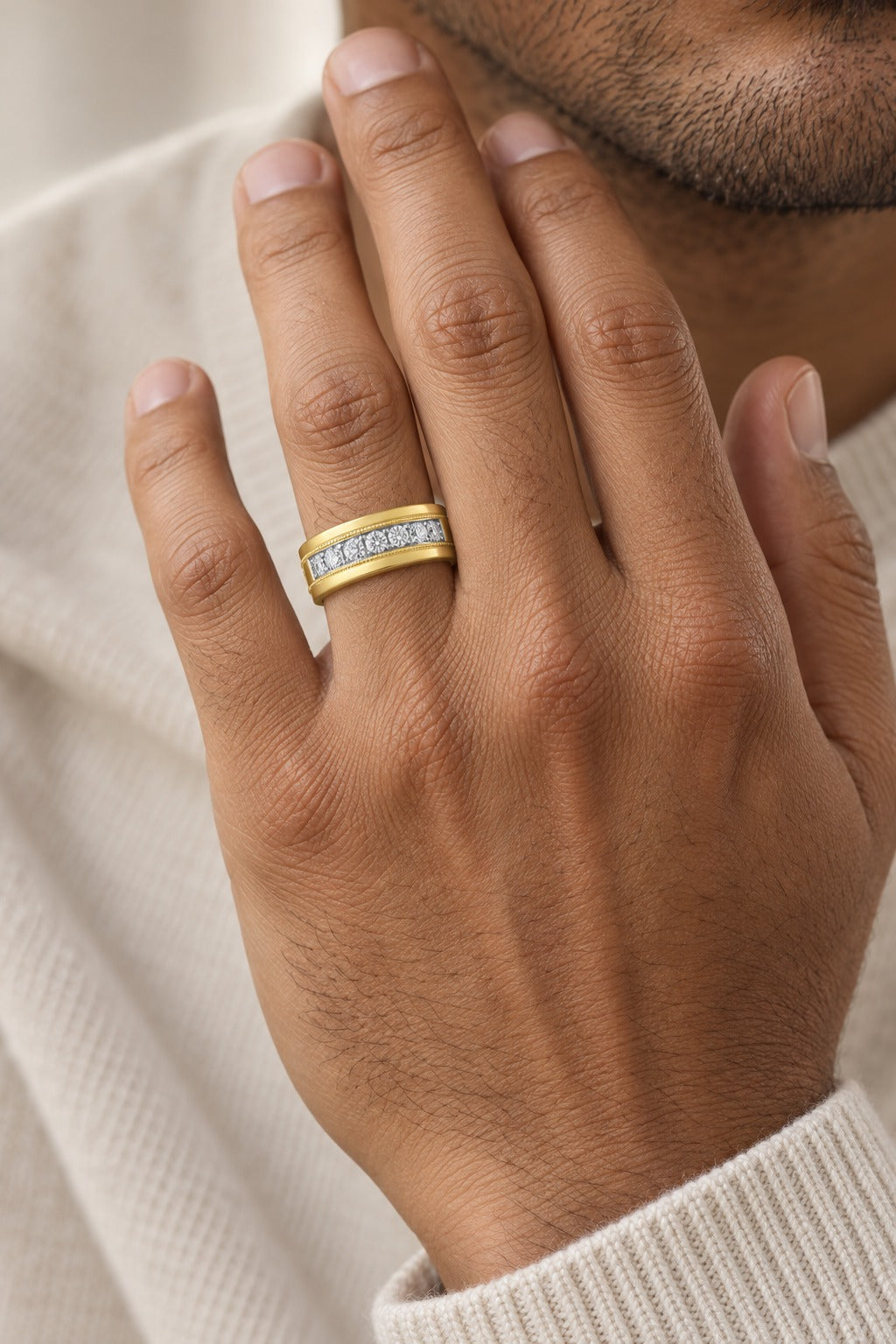 10K Yellow Gold 0.50 ctw Lab Grown 9 Diamond Mens Band - worn