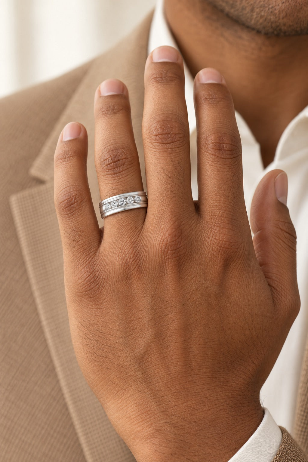14K White Gold 1.00 ctw Lab Grown Diamond 5 Stones Mens Band - worn