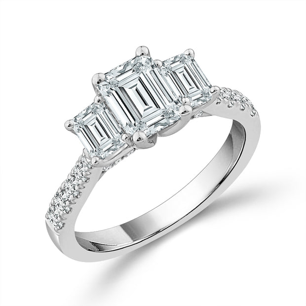 14k White Gold Diamond Lab-Grown 2 Ctw 3 Stone Emerald Ring