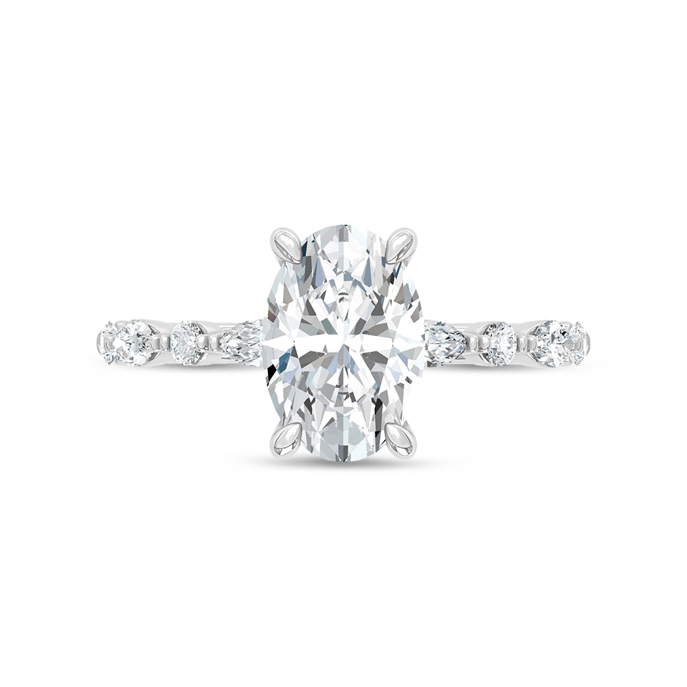 14K White Gold Lab Grown Marquise and Round Diamond 2 1/3 Ct.Tw. Engagement Ring With Oval Center