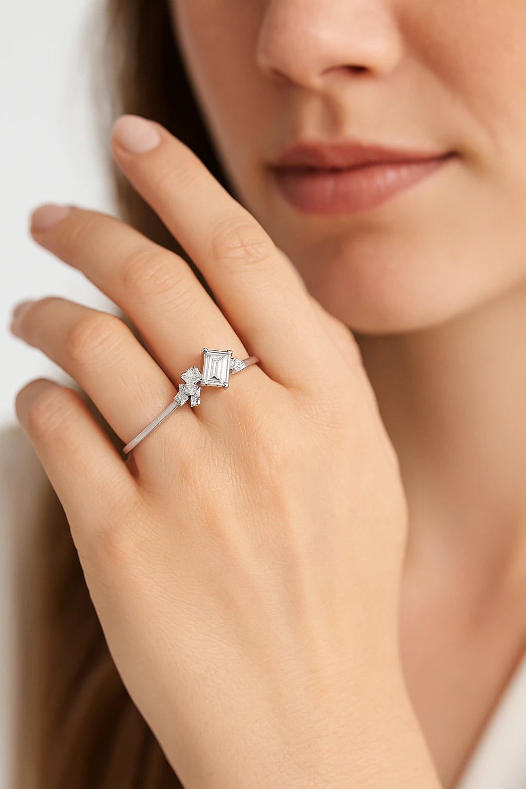 14K White Gold 0.70 ctw Lab-Grown Diamond Emerald Round Engagement Ring