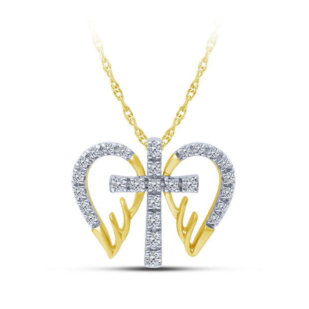 10K Yellow Gold 0.15 Ctw Diamond Wing & Cross Pendant