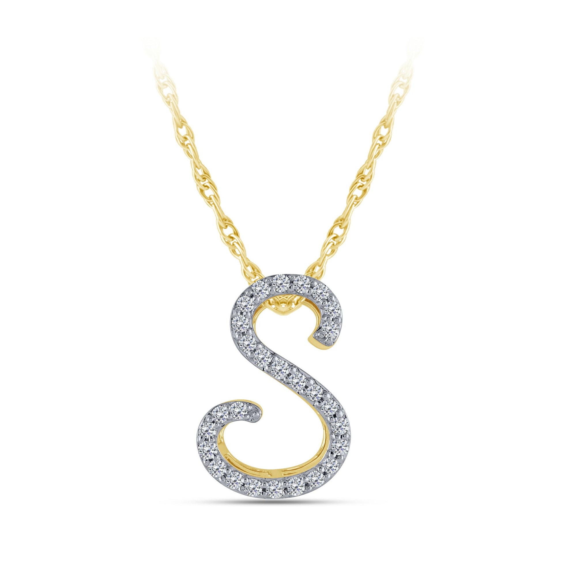 A 10K yellow gold pendant in the shape of the letter 'S', encrusted with clear diamonds.