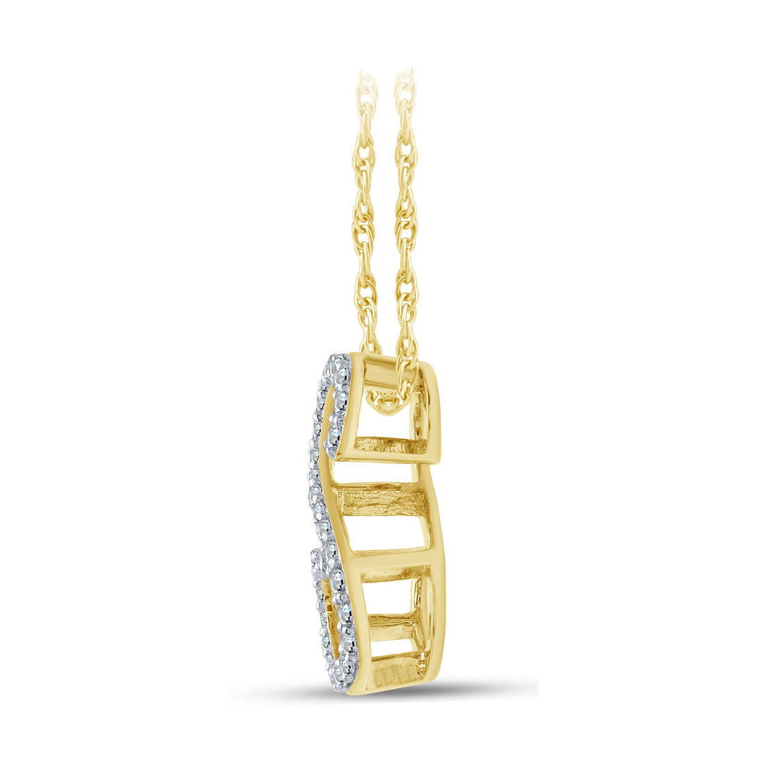A 10K yellow gold pendant in the shape of the letter 'S', encrusted with clear diamonds.