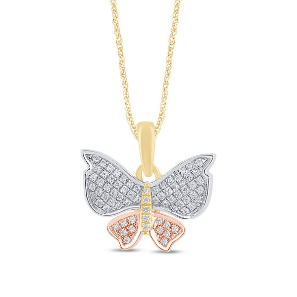 A 10K tri-tone gold butterfly pendant with round diamonds on a chain.