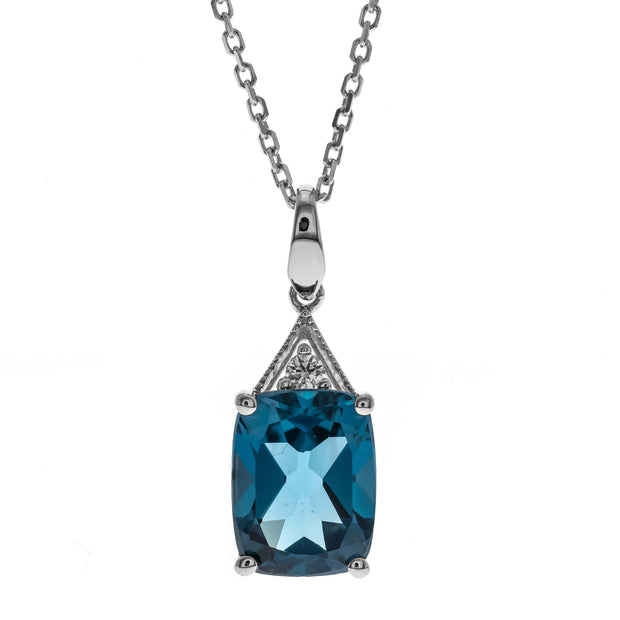 10K White Gold 0.10 Ctw Diamond 2.42 Center Natural Cushion London Blue Topaz Pendant