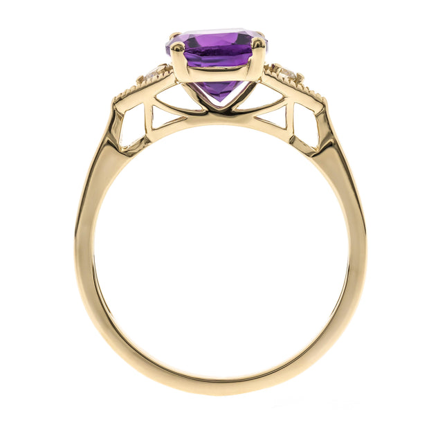 10K Yellow Gold 0.06Ctw Diamond 2.09 Ctr Natural Cushion Amethyst Ring
