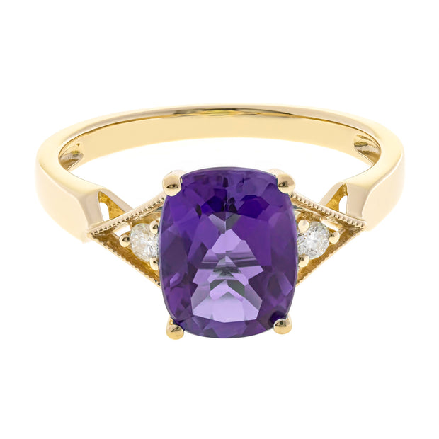 10K Yellow Gold 0.06Ctw Diamond 2.09 Ctr Natural Cushion Amethyst Ring