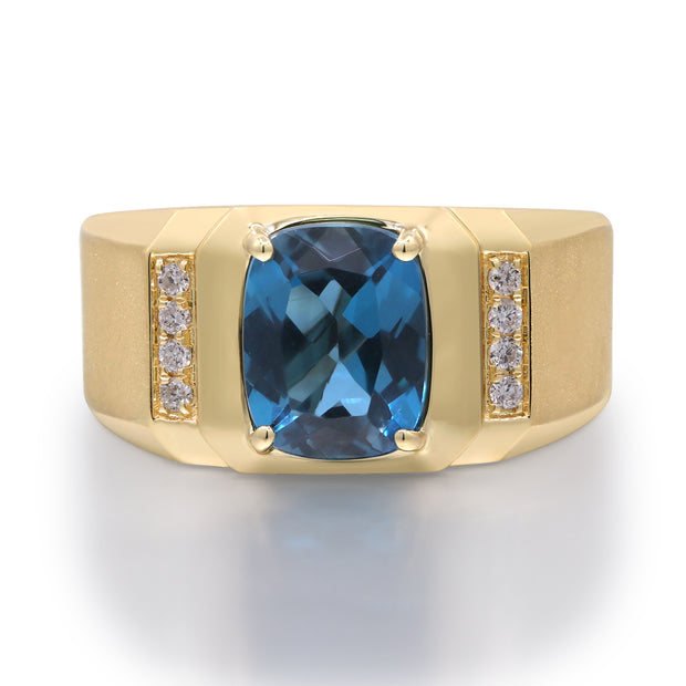 10K Yellow Gold 0.08CTW Diamond 2.43 CTR Natural London Blue Topaz Men's RING