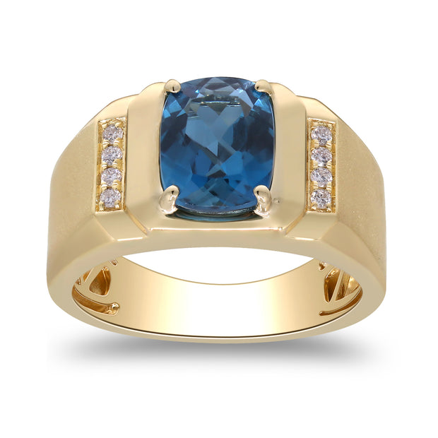 10K Yellow Gold 0.08CTW Diamond 2.43 CTR Natural London Blue Topaz Men's RING