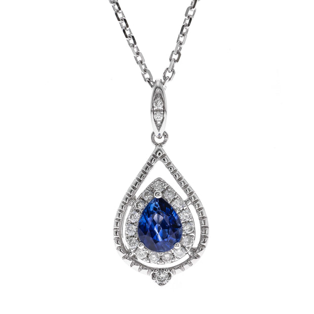 10K White Gold 0.15 Ctw Diamond 0.39 Center Natural Pear Blue Sappire Pendant