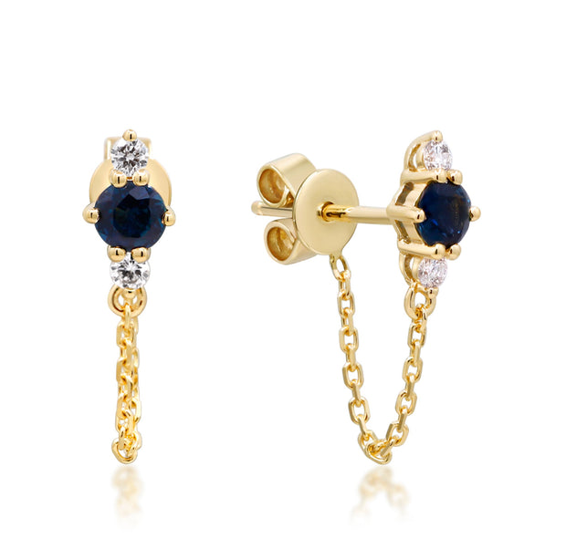 10K Yellow Gold 0.11 Ctw Diamond 0.38 Center Natural Round Blue Sappire Earring