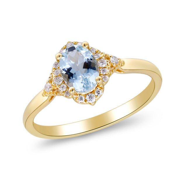 10K Yellow Gold 0.10 Ctw Diamond 0.74 Center Natural Oval Aqua-Maring Ring