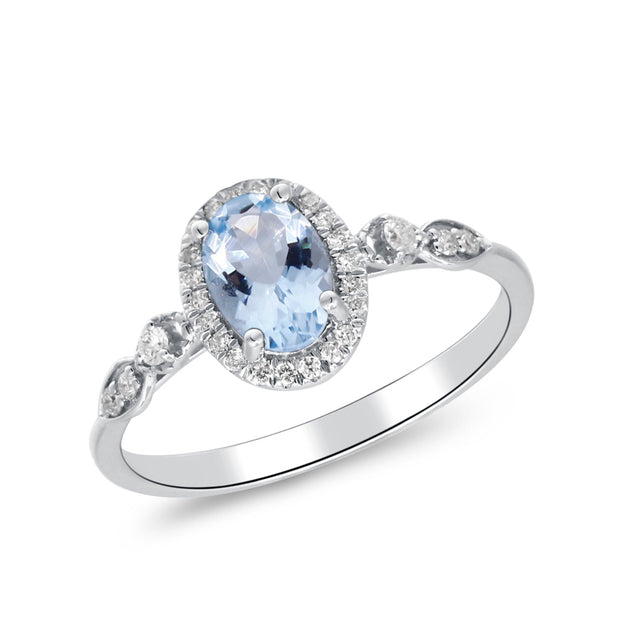 10K White Gold 0.15 Ctw Diamond 0.70 Center Natural Oval Aqua-Marine Ring