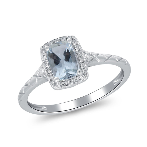 10K White Gold 0.10 Ctw Diamond 0.83 Center Natural Cushion Aqua-Marine Ring