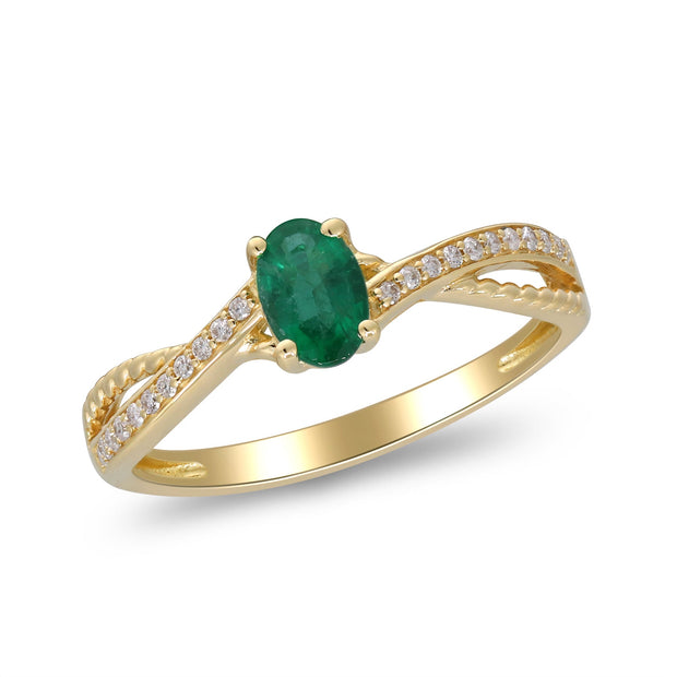 10K Yellow Gold 0.08 Ctw Diamond 0.42 Center Natural Oval Emerald Ring