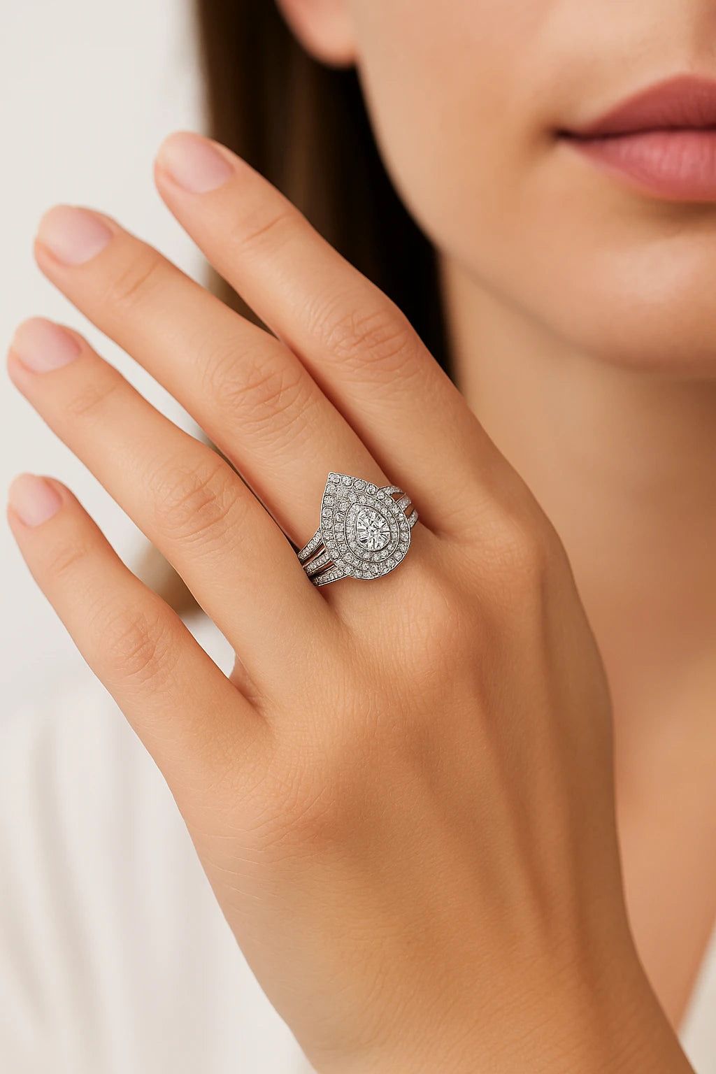 14K White Gold 1.5 ctw Pear Halo Diamond Ring