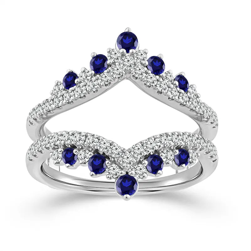 14K White Gold 5/8 ctw Diamond 1/2 ctw Blue Sapphire Guard Ring