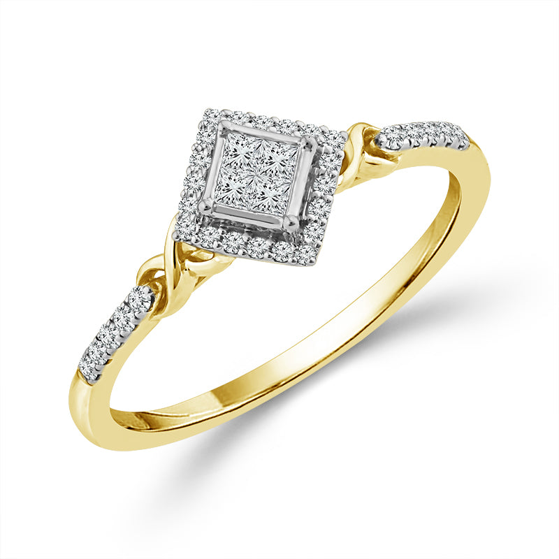 A two-tone gold ring with a princess cut diamond centerpiece, surrounded by smaller round cut diamonds.