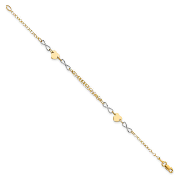 14k Two-tone Gold 7in Polished Infinity and Heart Bracelet