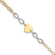 14k Two-tone Gold 7in Polished Infinity and Heart Bracelet