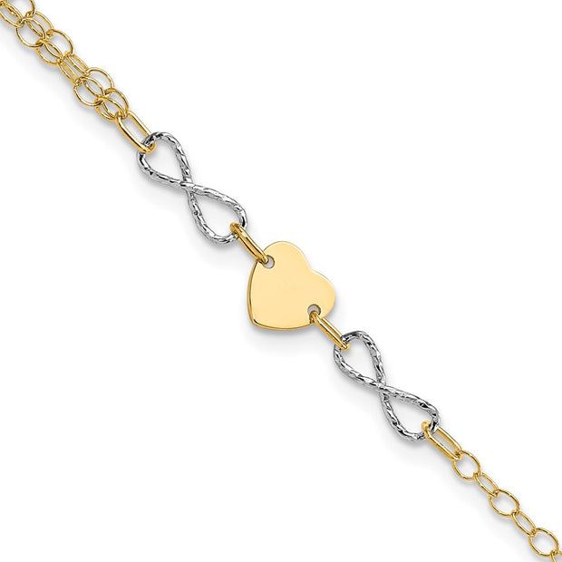 14k Two-tone Gold 7in Polished Infinity and Heart Bracelet