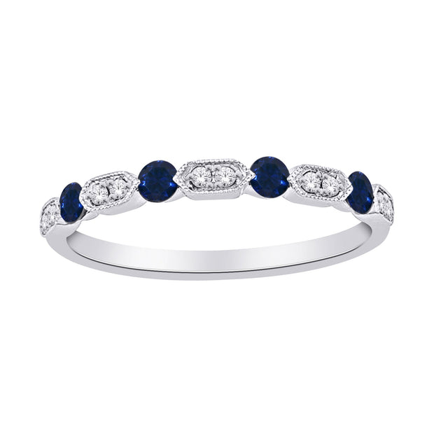 10K White  0.10 Ctw Diamond & 0.30 Ctw Blue Sapphire Stackable Band