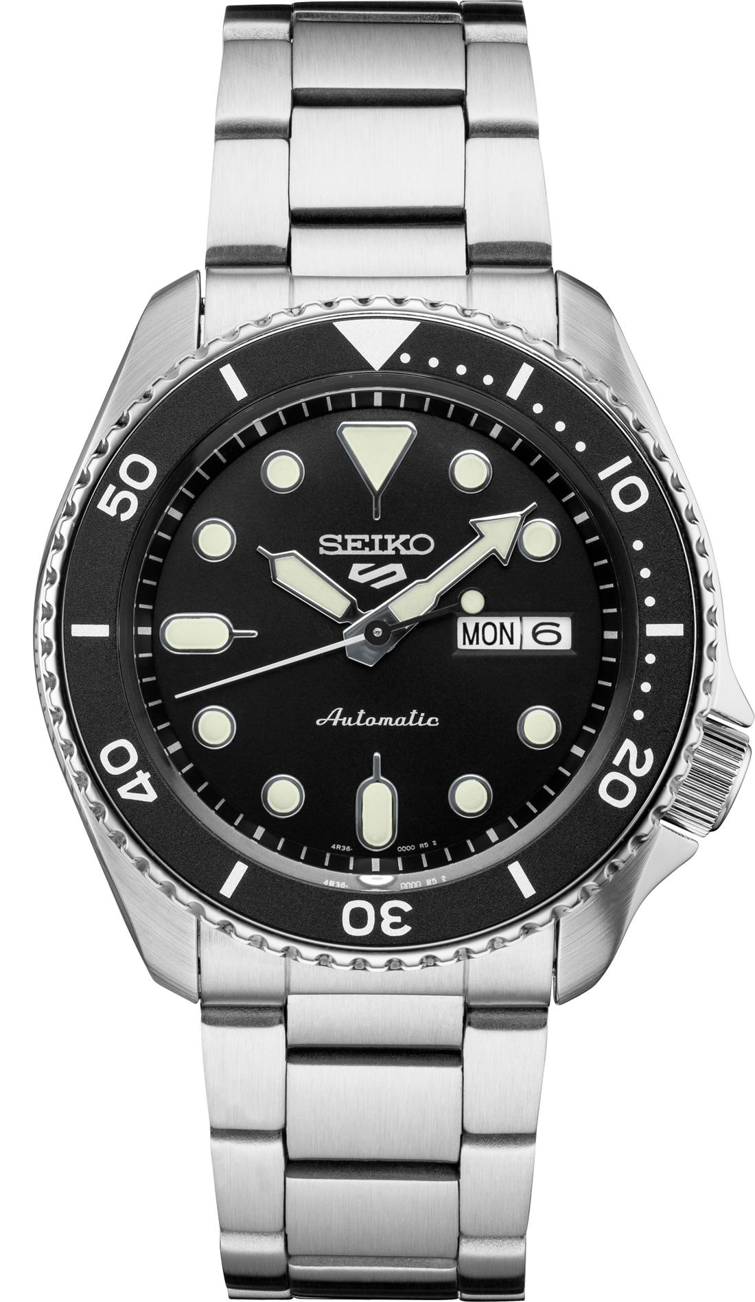 Men's Seiko 5 Sports SRPD55 Automatic Black Dial Watch front view
