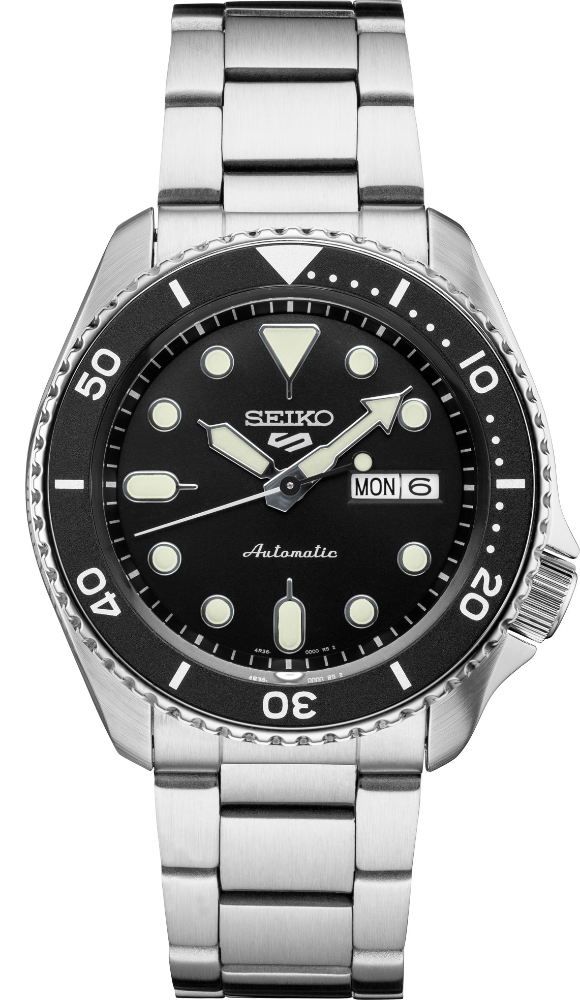 Men's Seiko 5 Sports SRPD55 Automatic Black Dial Watch front view