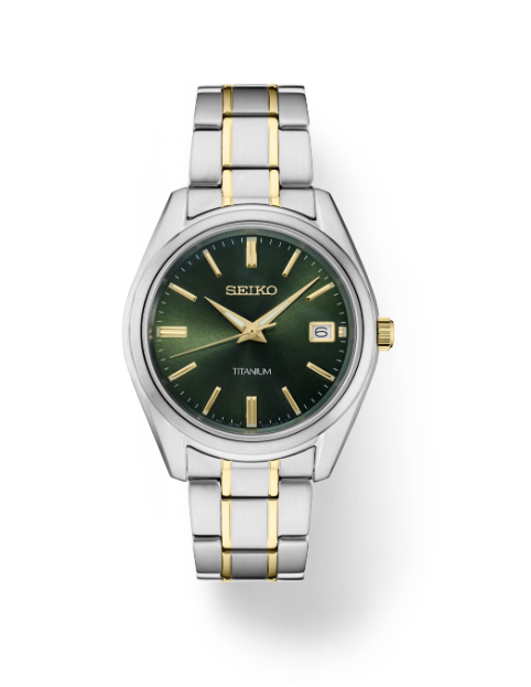 SEIKO Men's Watch Classic Titanium Quartz Two Tone Strap Green Dial