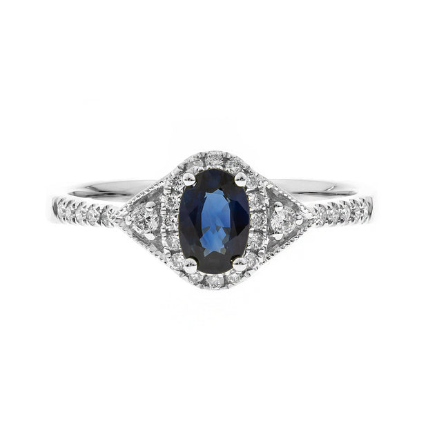 10K White Gold 0.17 Ctw Diamond 0.65 Center Natural Oval Blue Sappire Ring