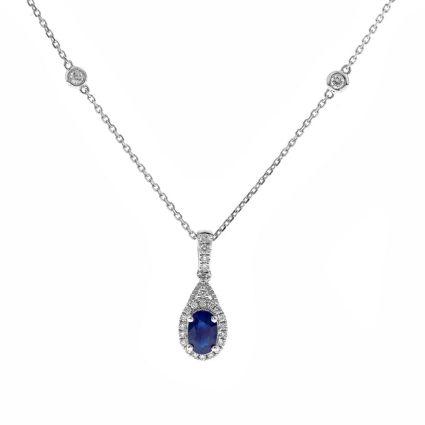 10K White Gold 0.19 Ctw Diamond 0.59 Center Natural Oval Blue Sappire Pendant