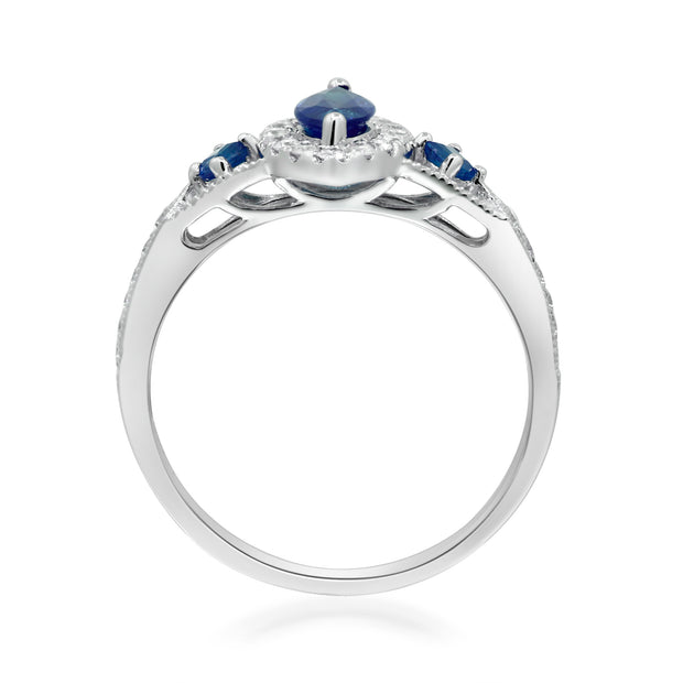 10K White Gold 0.25 Ctw Diamond 0.91 Ctw Natural Marquise Blue Sapphire Ring
