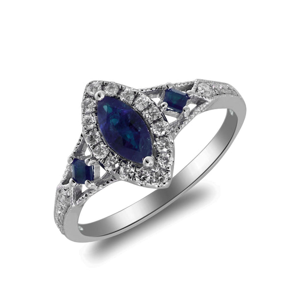 10K White Gold 0.25 Ctw Diamond 0.91 Ctw Natural Marquise Blue Sapphire Ring