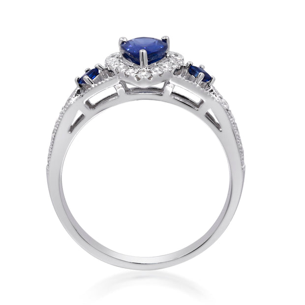 10K White Gold 0.23 Ctw Diamond 1.02 Ctw Natural Pear Blue Sappire Ring