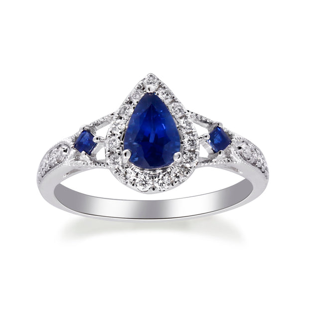 10K White Gold 0.23 Ctw Diamond 1.02 Ctw Natural Pear Blue Sappire Ring