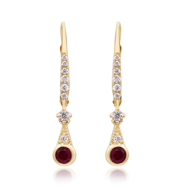 10K Yellow Gold 0.17 Ctw Diamond 0.30 Center Natural Ruby Dangle Earring