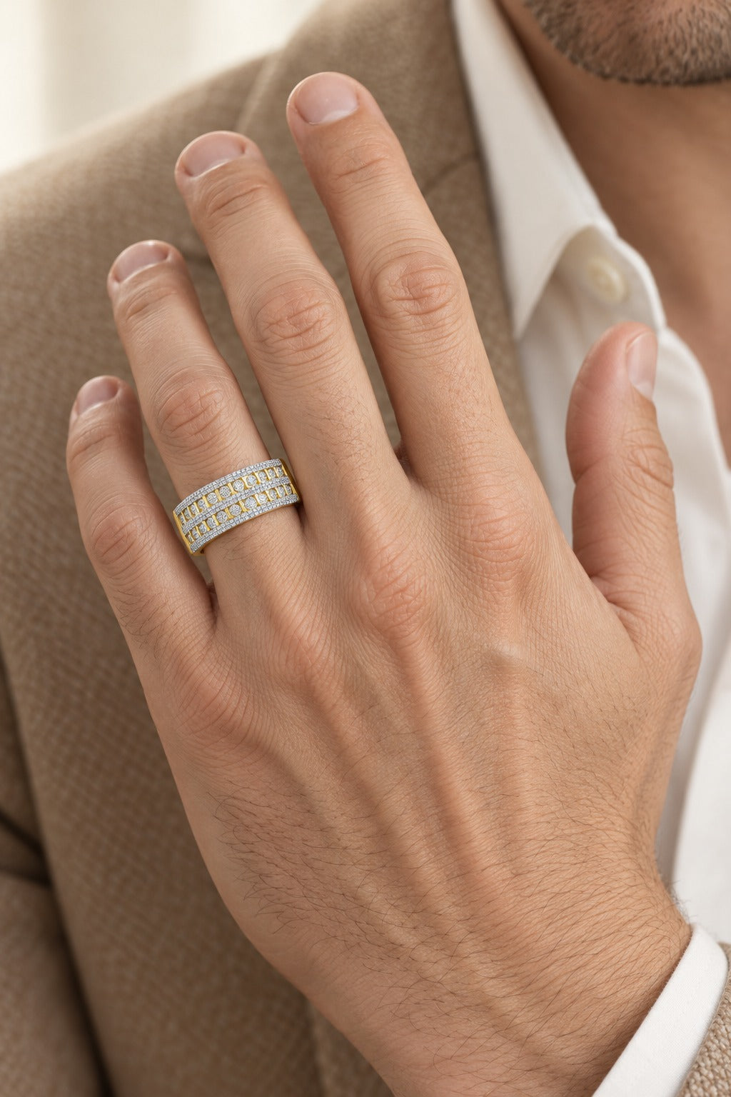 14K Yellow Gold 0.75 ctw Diamond 2 Row Mens Band - worn