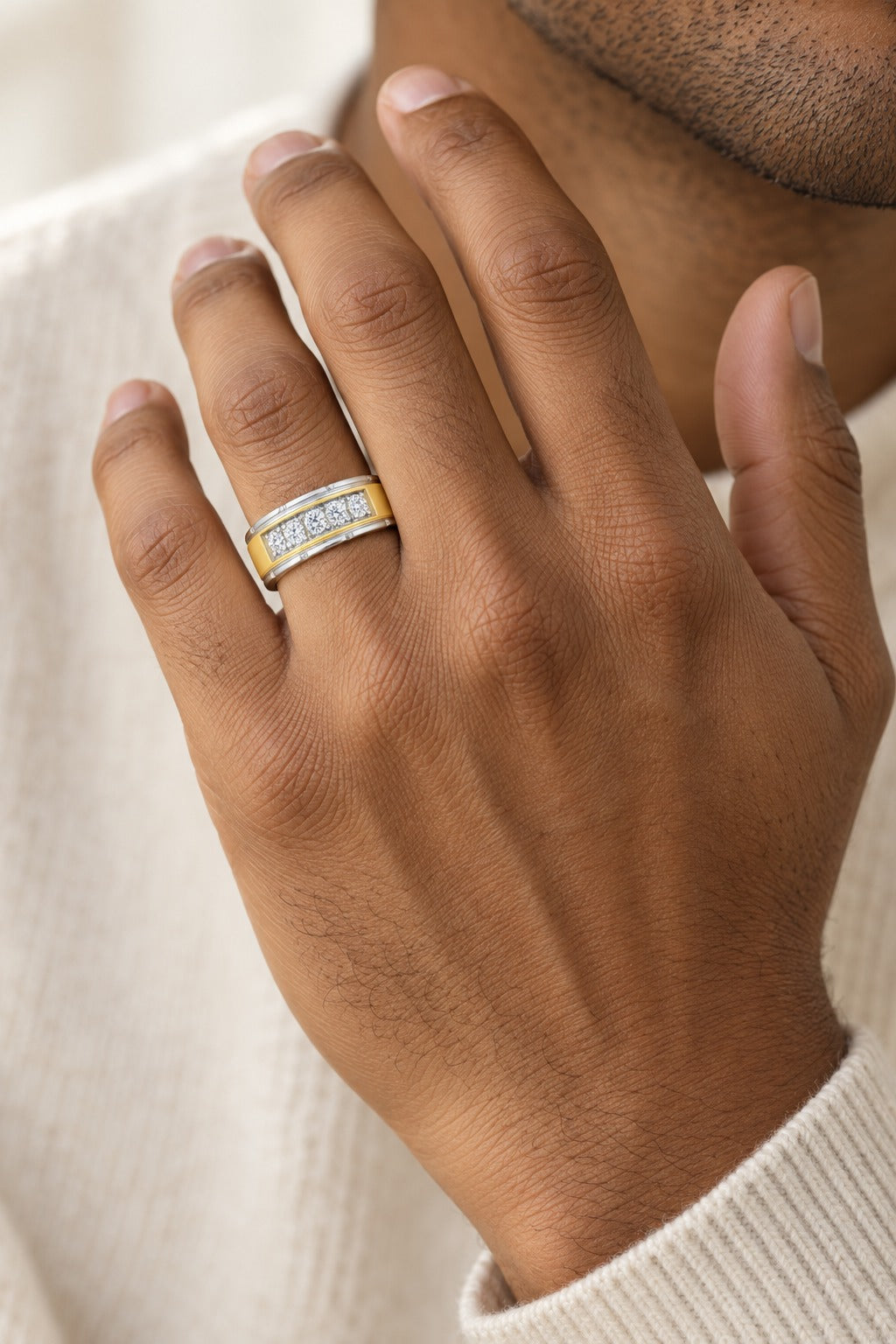14K Two Tone 0.75 ctw Diamond Mens Band - worn