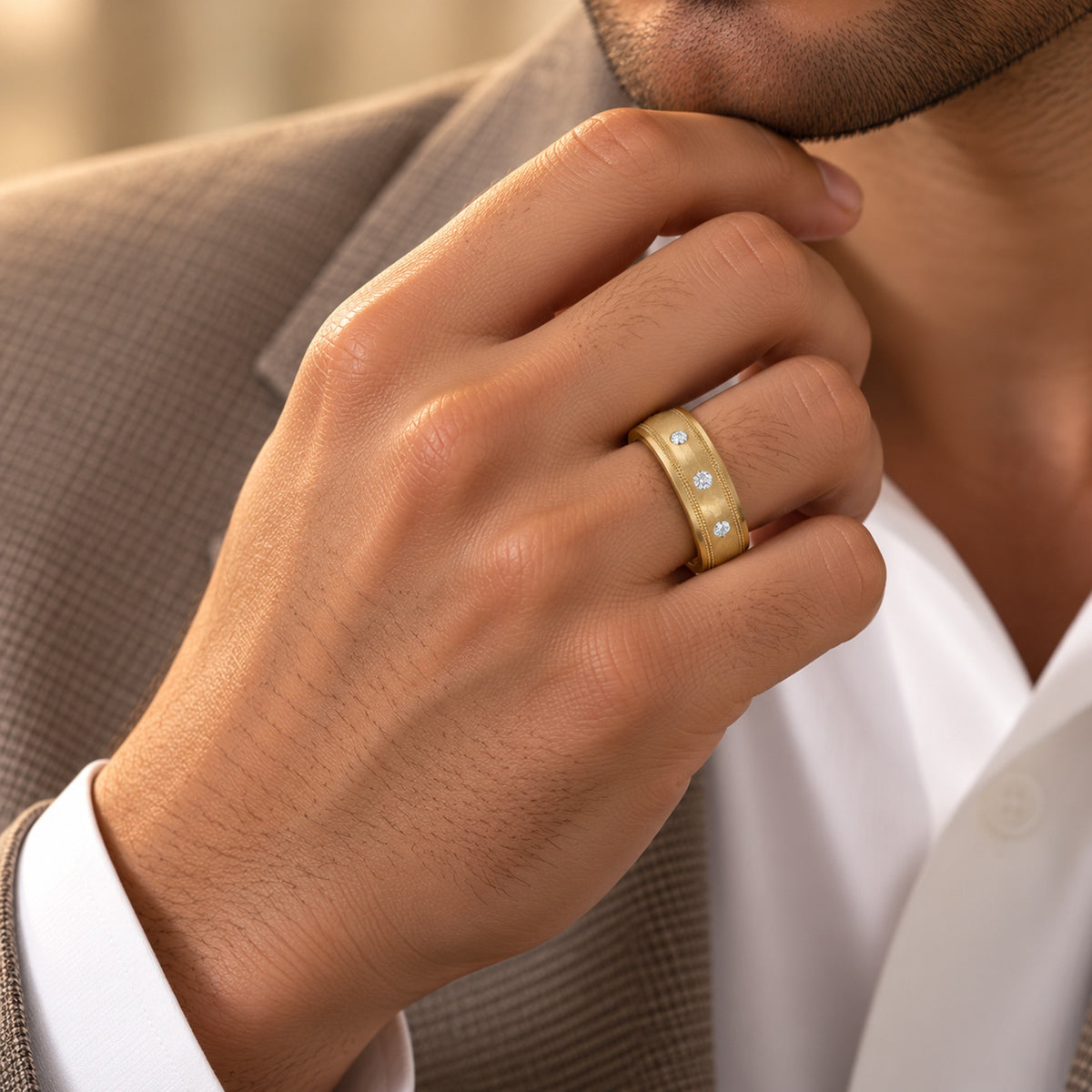 10K Yellow Gold and Ceramic Round Lab-Grown Diamond Men's Wedding Band – 0.08 CTW - product
