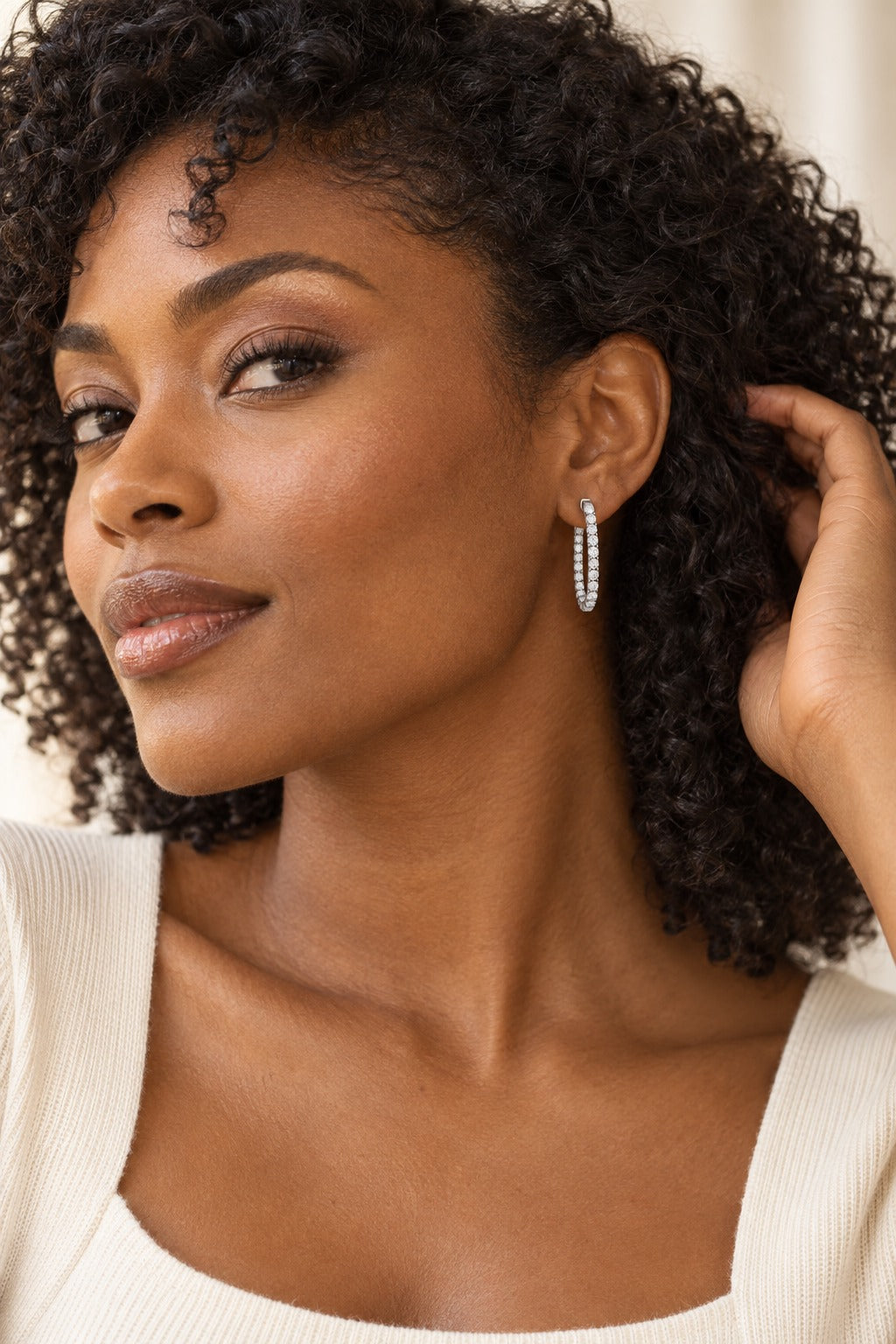 14K White Gold Round Lab-Grown Diamond Hoop Earrings – 3 CTW - lifestyle