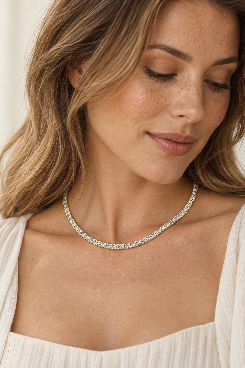 10K Yellow Gold Round Lab-Grown Diamond Tennis Necklace – 15 CTW - lifestyle