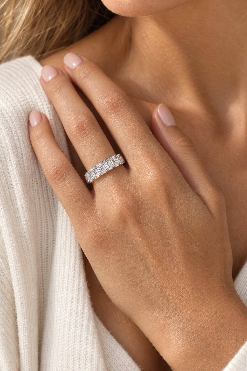 14K White Gold Emerald Diamond Wedding Band – 2 CTW - lifestyle