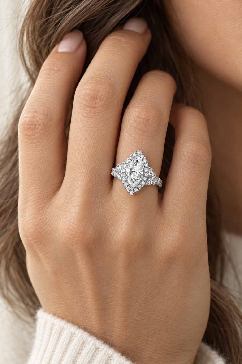 14K White Gold Marquise & Round Lab-Grown Diamond Halo Engagement Ring – 3.02 CTW - product