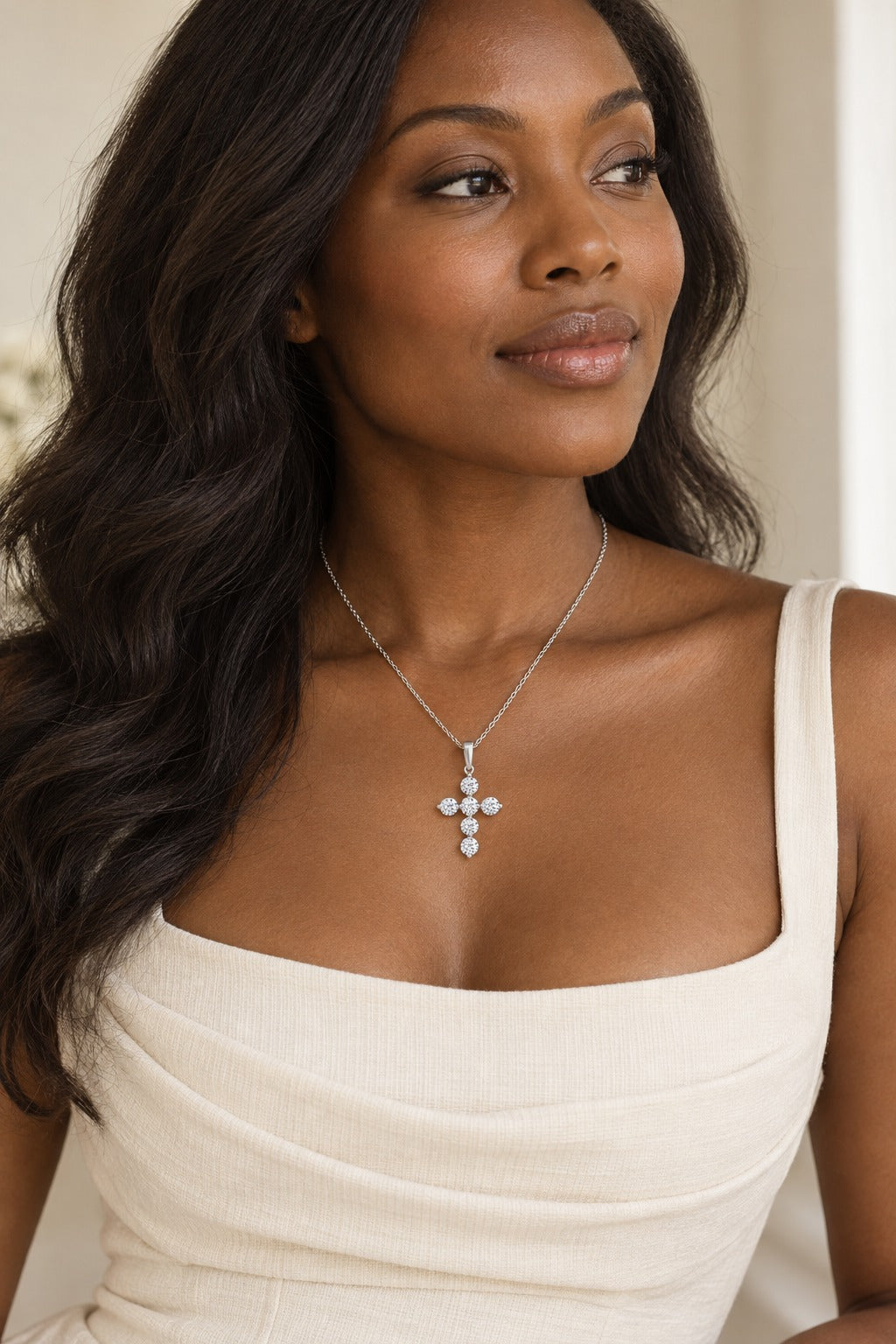 10K White Gold Round Lab-Grown Diamond Cross Pendant – 1 CTW - product