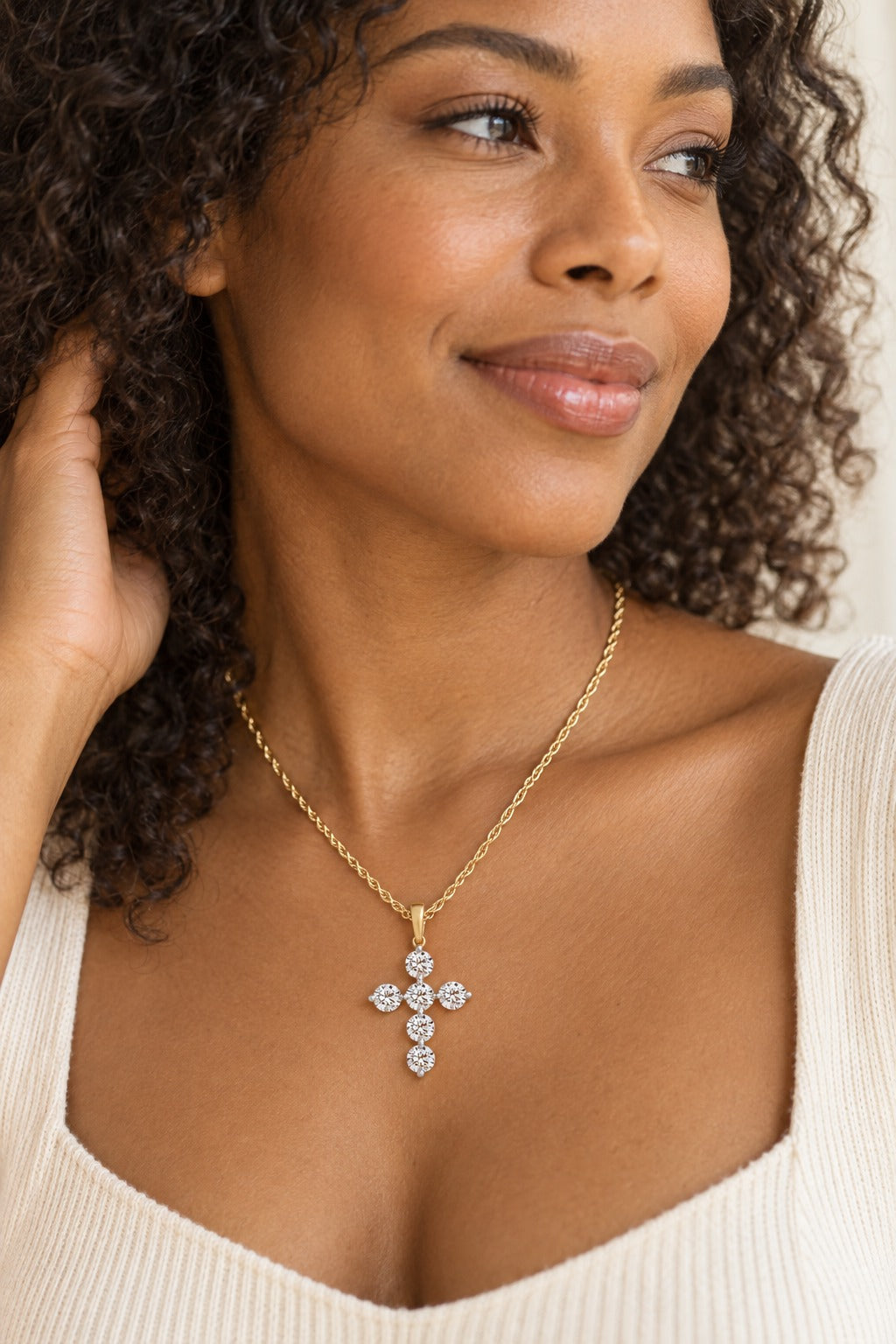 10K Yellow Gold Round Lab-Grown Diamond Cross Pendant – 2 CTW - lifestyle