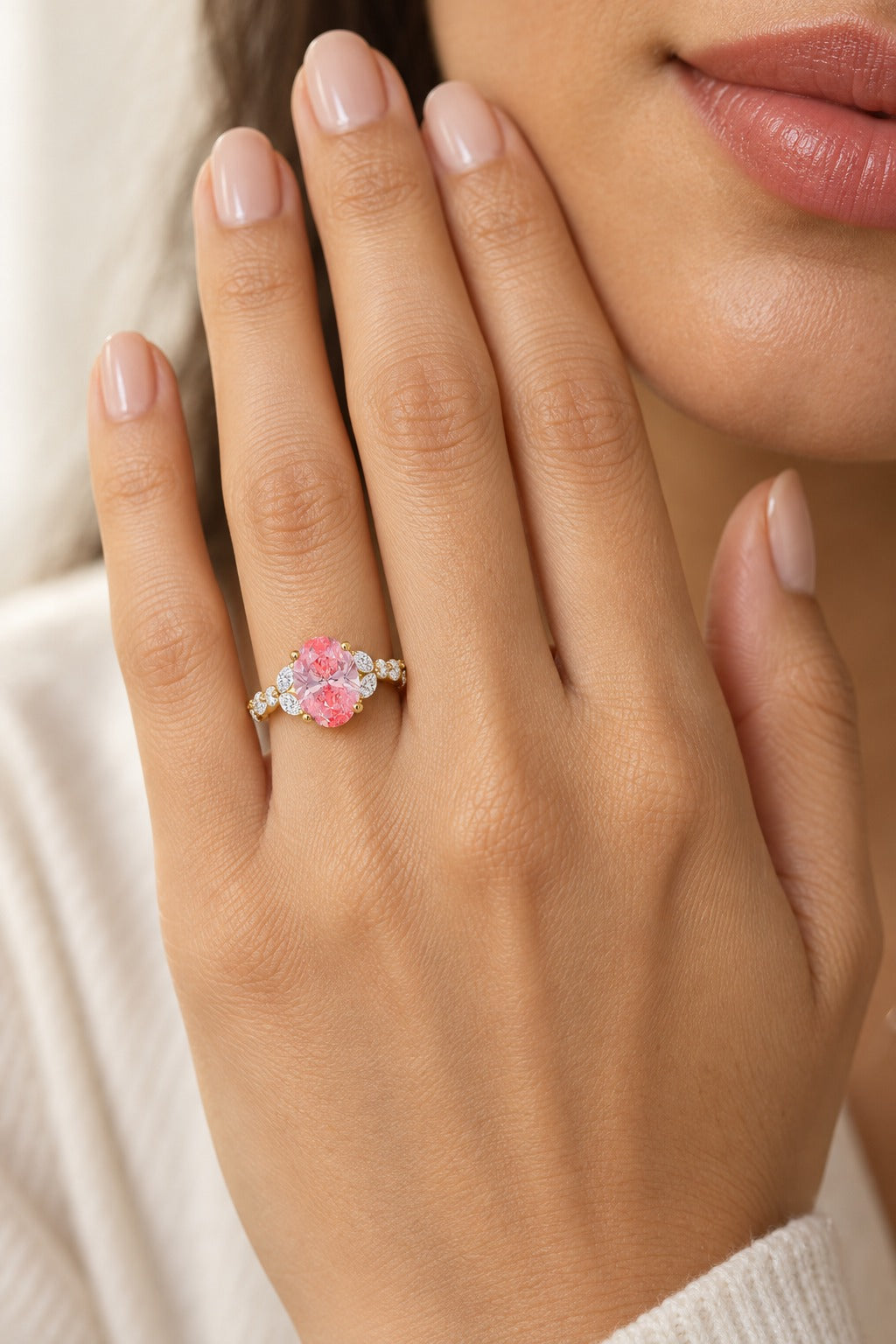 10K Yellow Gold Oval Pink Lab-Grown Diamond Engagement Ring – 4 CTW - product