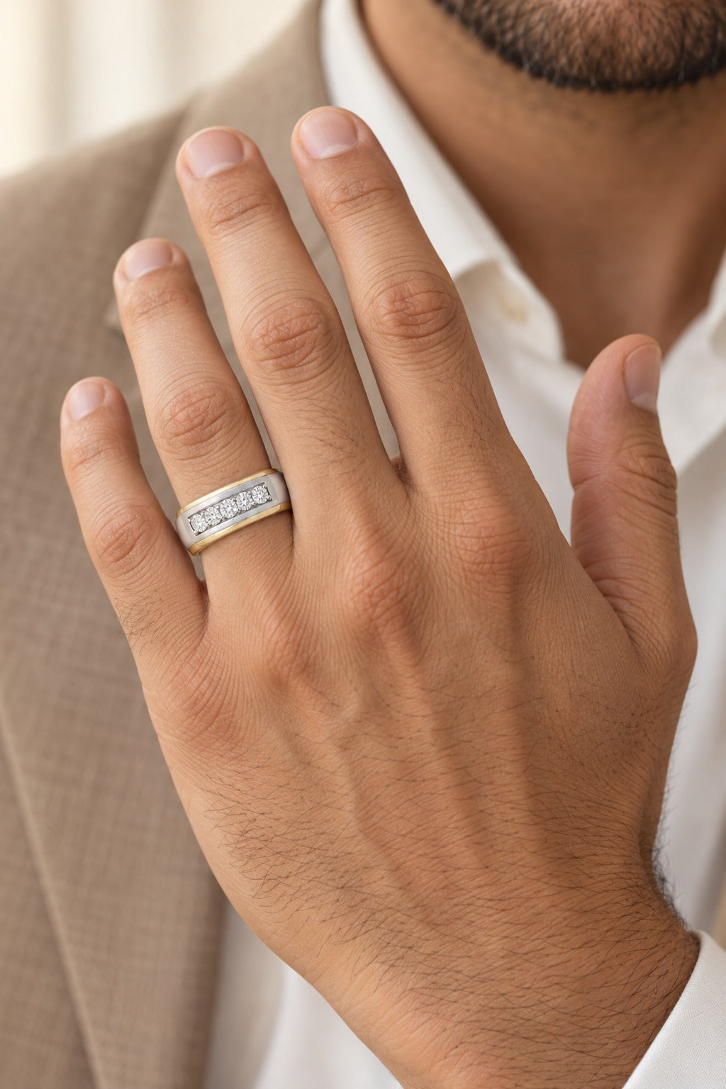 10K Two Tone 0.10 ctw 5 Diamond Mens Band - worn