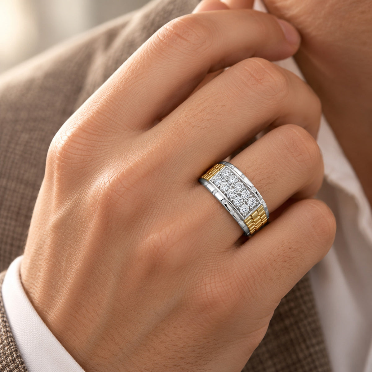 10K Two-Tone Gold Round Lab-Grown Diamond Men's Fashion Band – 1.7 CTW - product